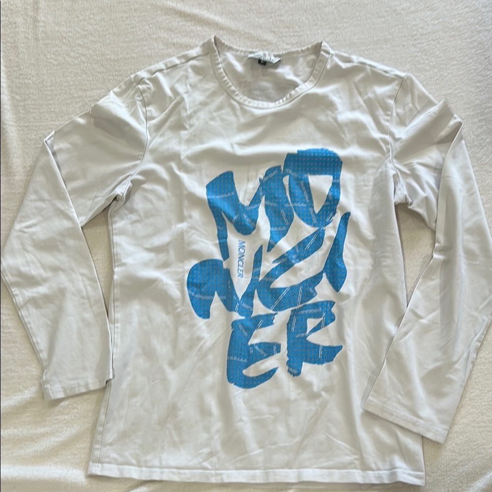 Moncler White Long Sleeve Shirt with Blue Graphic - Large